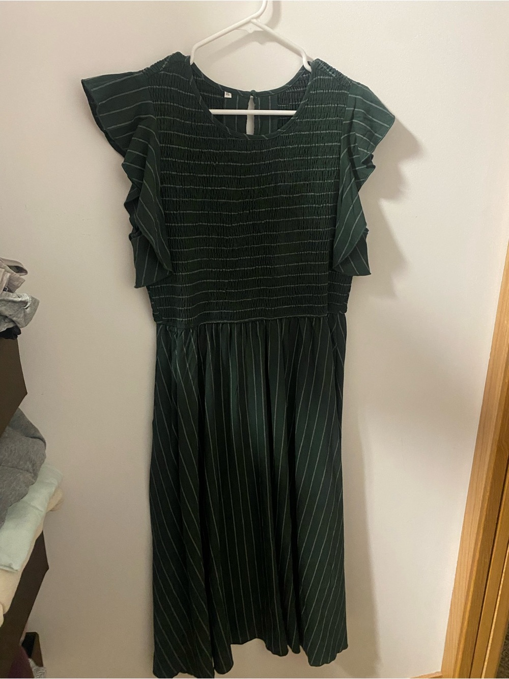 Simplee Apparel Dark Green Pinstripe Midi Dress with Ruffle Sleeves